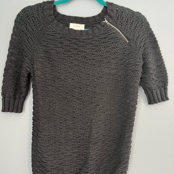 Loft grey open weave round neck zipper crochet medium sweater - Picture 1 of 3